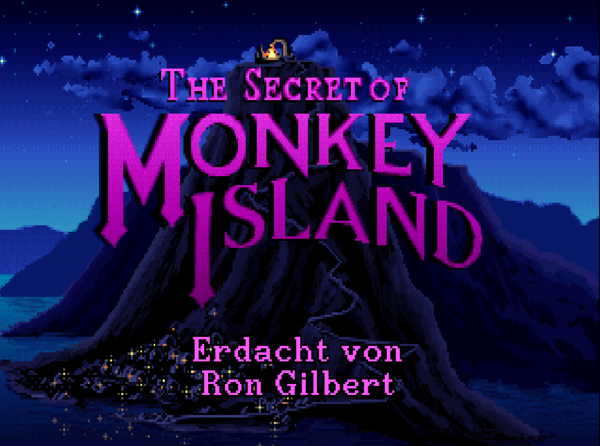 Titelbildschirm von The Secret of Monkey Island: eine Vulkaninsel bei Nacht