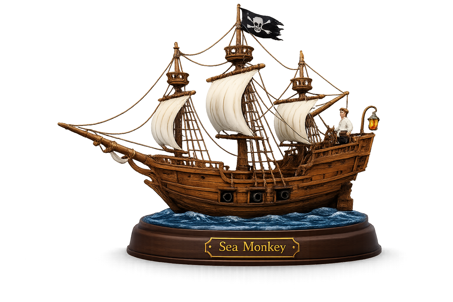 Modell eines Piraten-Segelschiffs mit geblähten Segeln und Totenkopf-Flagge auf einem Holzsockel mit dem Namensschild Sea Monkey