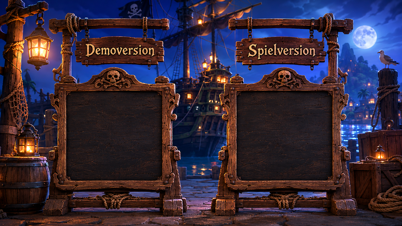 Nächtlicher Piratenhafen mit Segelschiff und Vollmond: an der Pier stehen zwei Holztafeln mit den Schildern Demoversion und Spielversion